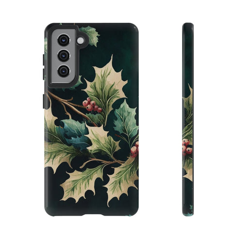 Dark Green Festive Holly in Watercolor - Impact Resistant Phone Case Samsung Galaxy S21 Glossy